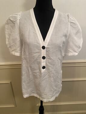 G. Label Goop Kelsey Linen Blend Puff Sleeve Top V Neck Button Front Italy